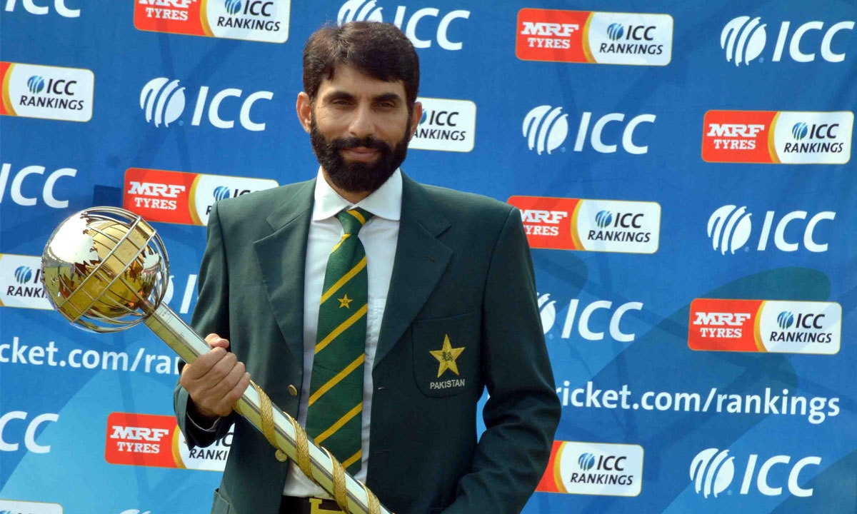 Misbahul Haq posing with the Test Championship mace at Qaddafi Stadium, Lahore | M Arif, White Star