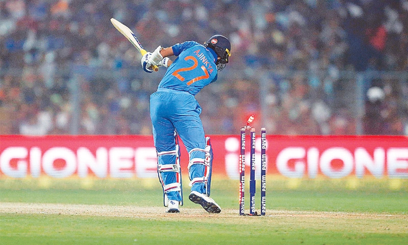 KOLKATA: Indian batsman Ajinkya Rahane is cleaned up during the third ODI against England at the Eden Gardens on Sunday.&mdash;Reuters