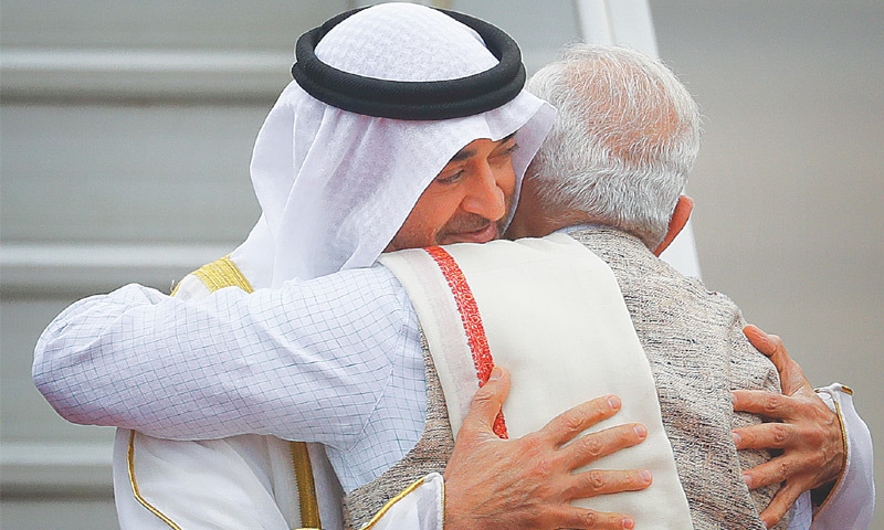 Modi hugs UAE  Crown Prince Mohammed bin Zayed Al Nahyan at the airport.— AP