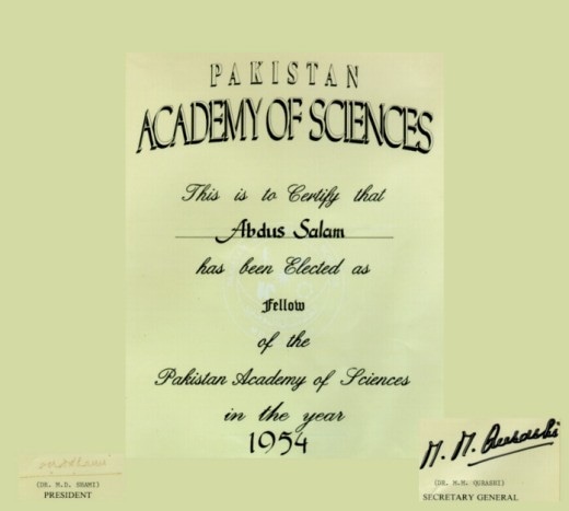 Abdus Salam's certificate for induction into the PAS. Source - ICTP Photo Library