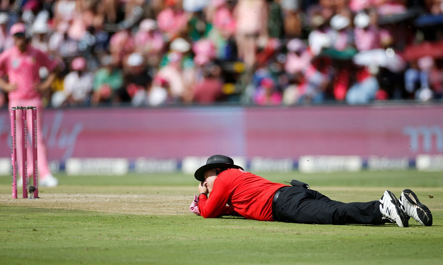 امپائر نے چوکوں اور چھکوں کے اشارے دینے کے بجائے مکھیوں سے بچنے کے لیے لیٹ جانے میں ہی عافیت جانی&mdash;فوٹو:رائٹرز