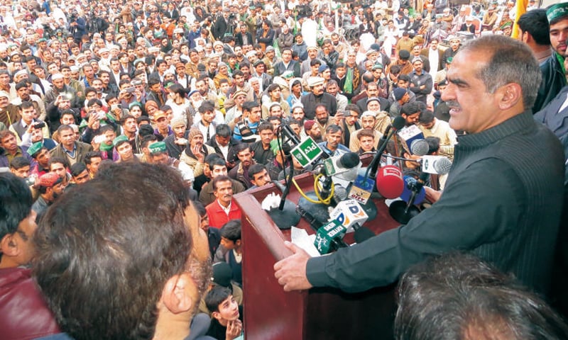 Minister for Railways Saad Rafiq addresses a PML-N workers convention in Haripur on Monday. — INP Minister for Railways Saad Rafiq addresses a PML-N workers convention in Haripur on Monday. — INP