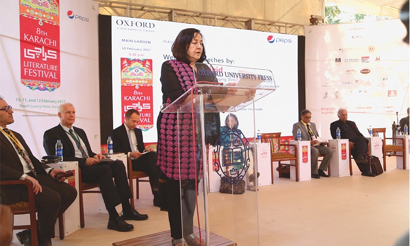 Ameena Saiyid, managing director OUP, speaking at the KLF opening ceremony. — Mediators Pvt Ltd