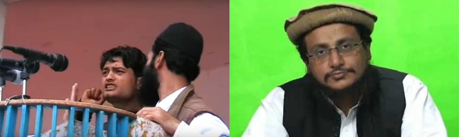 (L) The man who is chanting slogans in the video, and (R) Talha Saeed.