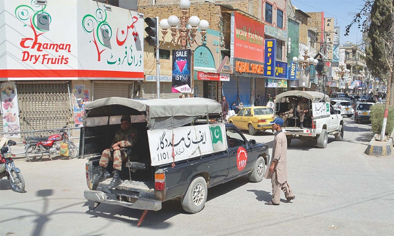 QUETTA: Personnel of the Frontier Corps on Friday patrol the streets of the provincial capital which remained closed during a strike called by the Awami National Party.—PPI QUETTA: Personnel of the Frontier Corps on Friday patrol the streets of the provincial capital which remained closed during a strike called by the Awami National Party.—PPI