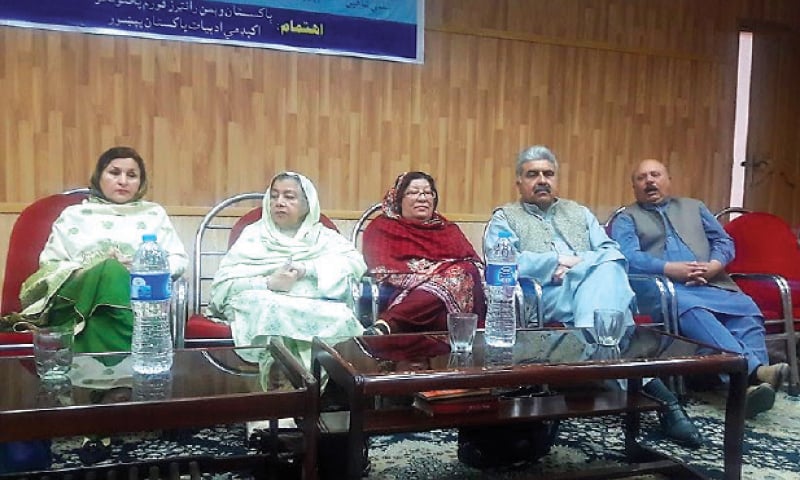 The panel of writers at the literary event at Khana-i-Farhang, Peshawar. &mdash; Dawn