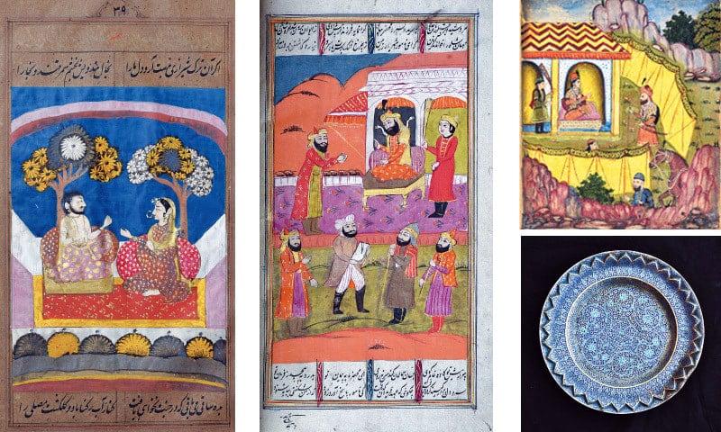 [From left-right] Masterpieces of Kashmiri Miniature painting from the Divan-i-Hafiz (Anthology), the Bahar-i-Danish (The Springtime of Knowledge), and the Shahnama (Book of Kings)  (National Museum of Pakistan). [Bottom right] Shades of blue and turquoise enamel delicately highlight the fine flower motifs on his early 19th century silver tray. (Private Collection)