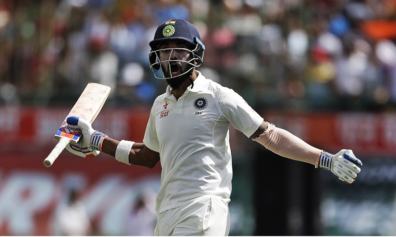 India's Lokesh Rahul celebrates after his team's victory in the fourth test cricket match against Australia in Dharmsala, India. ─AP India's Lokesh Rahul celebrates after his team's victory in the fourth test cricket match against Australia in Dharmsala, India. ─AP