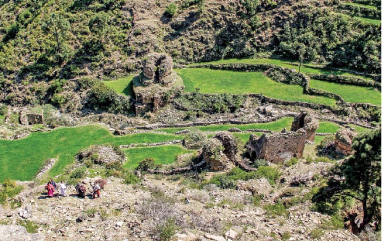 A bird&rsquo;s eye view of the 3rd century Kushan era Buddhist complex at Abba Sahib Cheena in Najigram, Swat. &mdash; Dawn