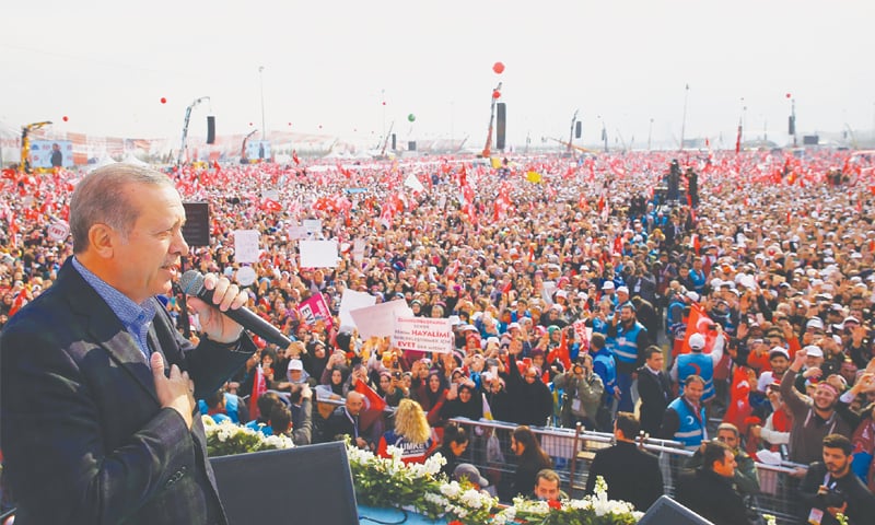 Istanbul: Turkish President Recep Tayyip Erdogan delivering a speech during a campaign rally for the  &lsquo;yes&rsquo; vote in a constitutional referendum.&mdash;AFP