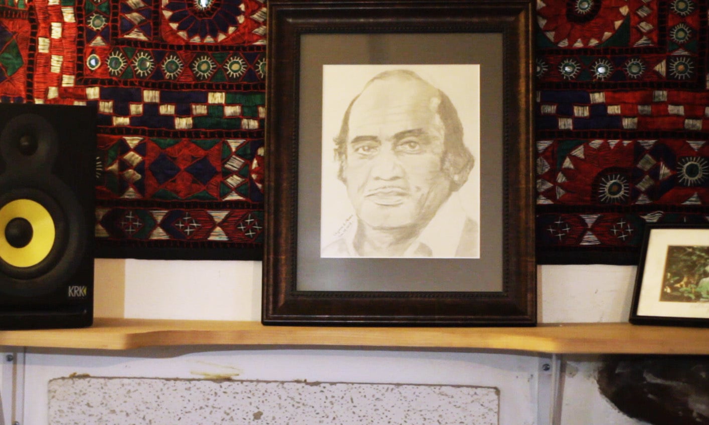 A sketch of Mehdi Hassan prominently placed at Eric's studio. — Photo by Hussain Afzal