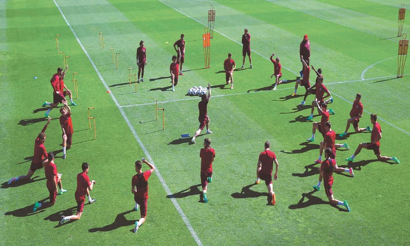 MADRID: Atletico Madrid players attend a training session on Tuesday, on the eve of their UEFA Champions League quarter-final second leg against Leicester City.—Reuters