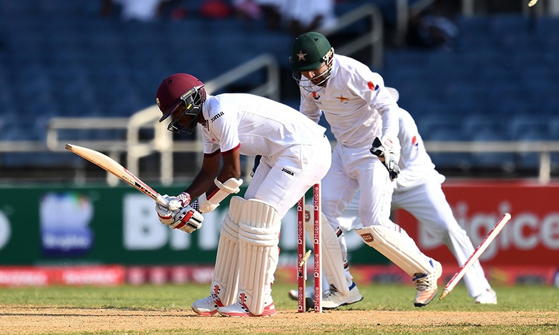 West Indies' batsman Kraigg Brathwaite is bowled off bowler Yasir Shah, April 24. ─ AFP