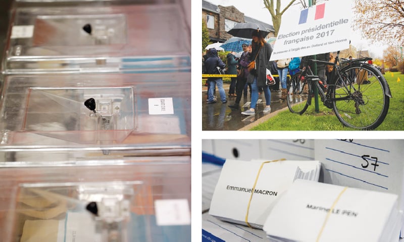 BALLOT boxes (left) are seen as municipal employees prepare polling stations on the eve of the second round of the French presidential election in Tulle on Saturday. French citizens wait in line (top right) to cast their votes in Montreal, Canada. Ballot papers with the names of the two candidates for the presidential election at the City Hall in Montreuil, outside Paris.—Agencies