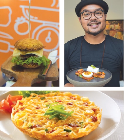 A BURGER made from noodles (top left) at a restaurant in Jakarta. Food stylist Dade Akbar (top right) displaying some of his food. Akbar was inspired to make haute-cuisine after becoming annoyed at the careless presentation of dishes at the traditional street-side eateries. Indonesia&rsquo;s favourite instant noodles Indomie are used to make Western dishes such the &ldquo;mizza&rdquo;, a pizza whose base is made out of noodles.&mdash;AFP