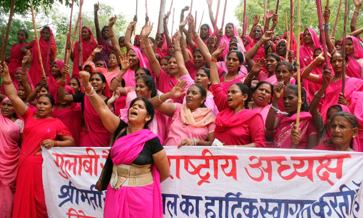 Members of the Pink Brigade shout slogans as they gather in the northern Indian city of Allahabad in 2009 | Reuters