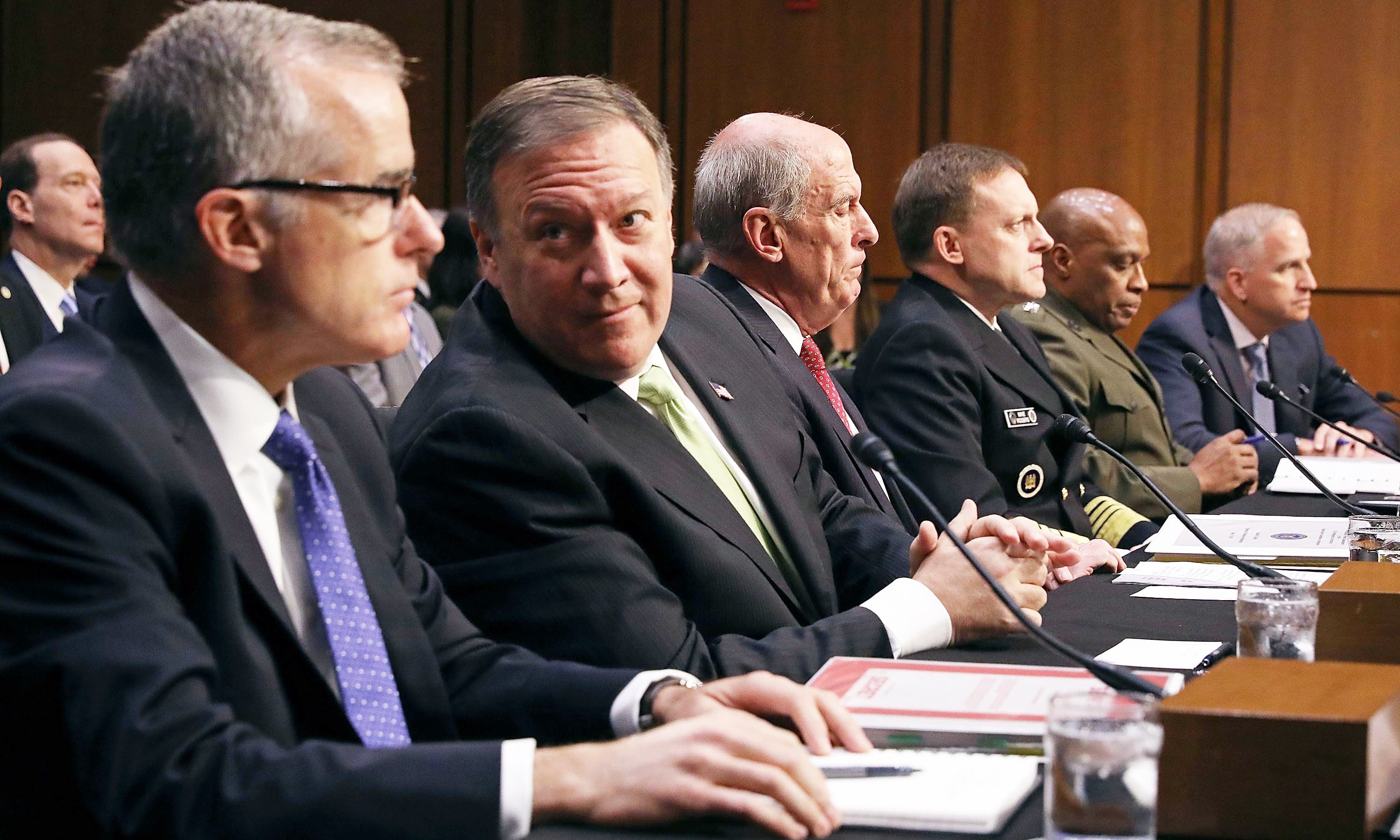 The heads of the United States intelligence agencies (L-R) Acting FBI Director Andrew McCabe, CIA Director Mike Pompeo, Director of National Intelligence Daniel Coats, NSA Director Adm. Michael Rogers, Defense Intelligence Agency Director Lt Gen Vincent Stewart and National Geospatial-Intelligence Agency Director Robert Cardillo testify before the Senate Intelligence Committee. —AFP