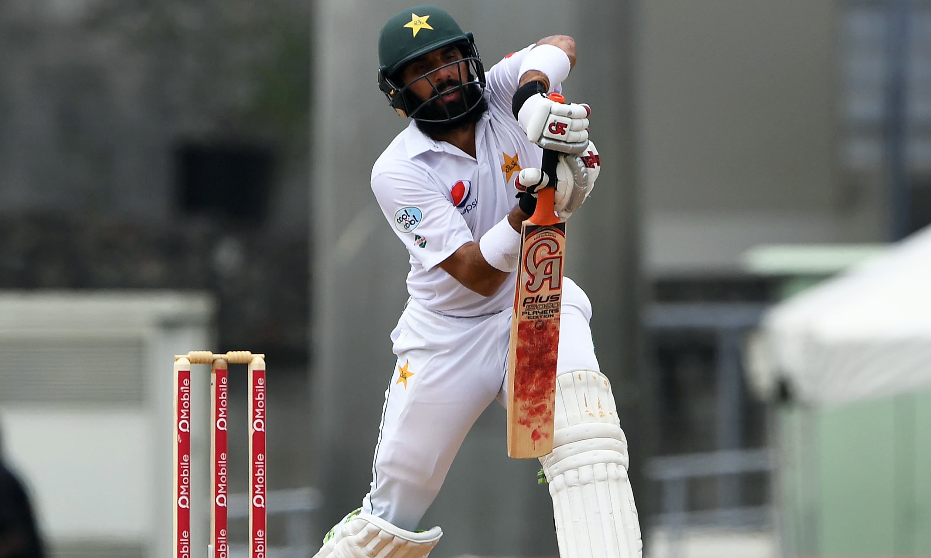 Misbah-ul-Haq plays a shot during his final test match. —AFP