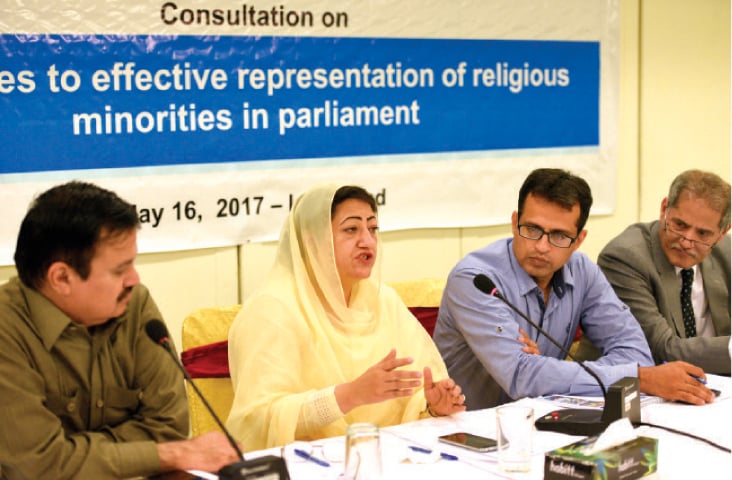 MNA Asiya Nasir speaks at the HRCP consultation in Islamabad on Tuesday. MNA Mahesh Milani, HRCP’s Najamuddin and Pakistan Institute of Parliamentary Services head Zafarullah Khan are also present. — White Star