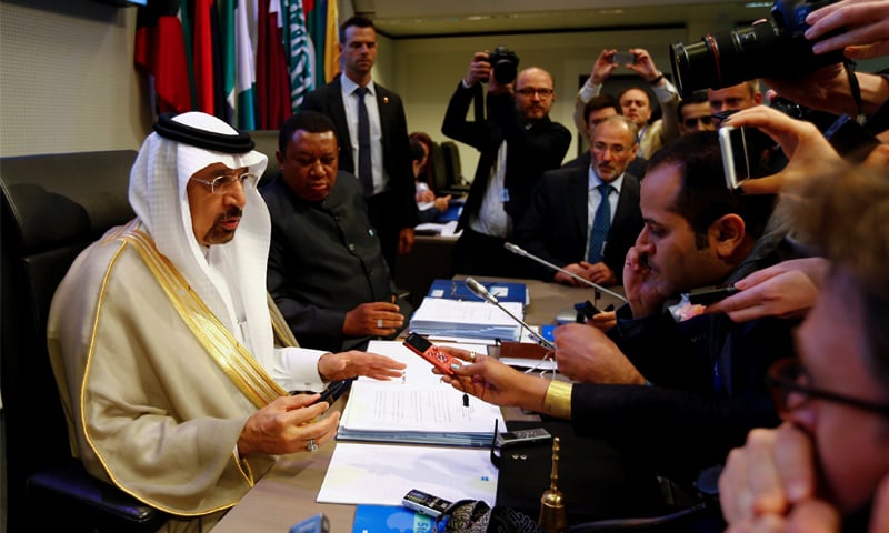 Vienna: Opec President, Saudi Arabia&rsquo;s Energy Minister Khalid al-Falih, and Opec Secretary General Mohammad Barkindo talk to journalists before the beginning of a meeting of the Organisation of the Petroleum Exporting Countries on Thursday.&mdash;Reuters