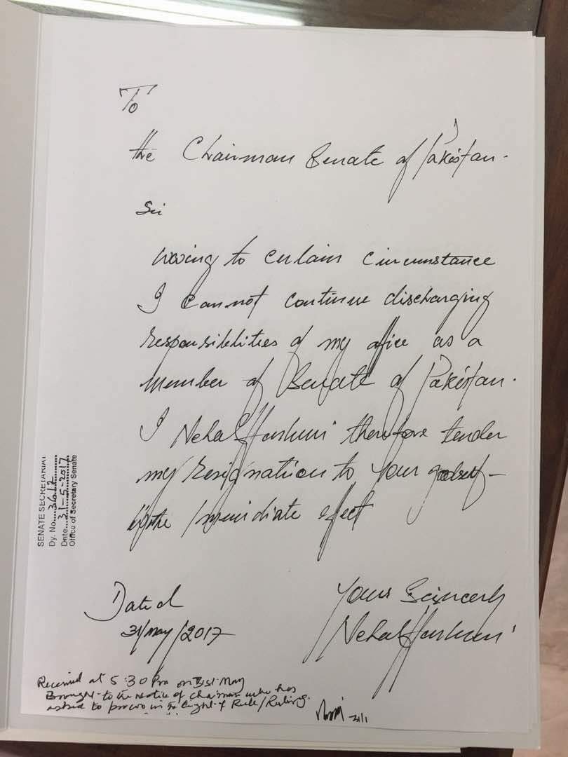 Senator Nehal Hashmi's resignation, received by the Senate Secretariat Wednesday evening. Photo: Dawn.