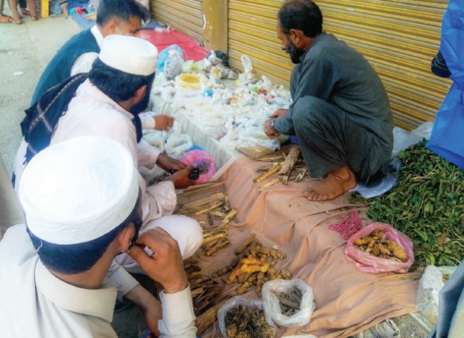 A vendor sells herbs in Mingora bazaar. &mdash; Dawn