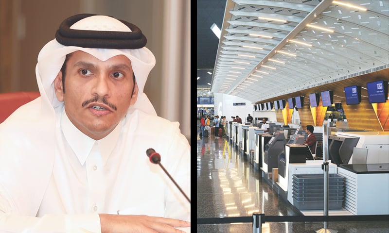 DOHA: Qatari Foreign Minister Mohammed bin Abdulrahman al-Thani (left) speaks at a press conference on Thursday. Airline staff members wait for passengers at check-in desks at the Hamad International Airport.—AFP