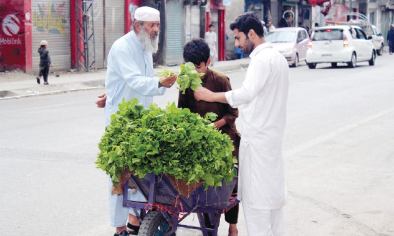 A man buys the saag in Bisham bazaar. &mdash; Dawn