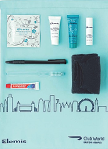 A drawstring amenity bag for business class travellers on British Airways and amenity kits for first class travellers.