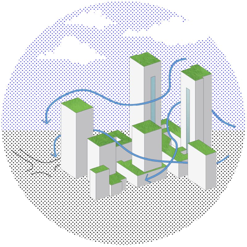 When designing buildings the use of sustainable and green principles to dictate our proposals: more breathing spaces, roof terraces, and less use of materials that absorb heat.