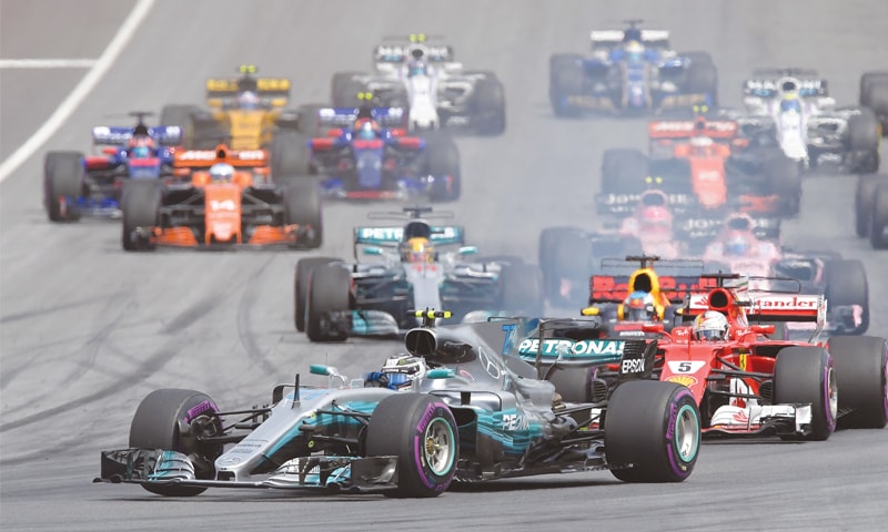 SPIELBERG: Mercedes&rsquo; Valtteri Bottas (first L) drives after the start of the Austrian F1 Grand Prix at the Red Bull Ring on Sunday.&mdash;AFP