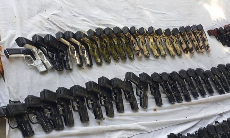 A large quantity of arms and ammunition was recovered by the Pakistan Army in Kohat on Tuesday. — ISPR media