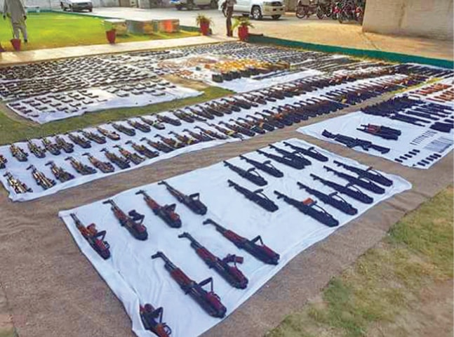 The weapons seized near Kohat tunnel displayed for media. &mdash; Dawn