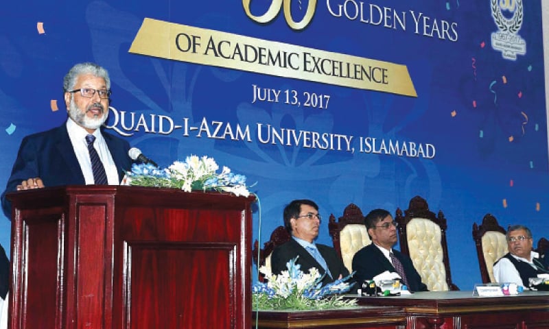 The HEC chairman, Dr Mukhtar Ahmed, addresses a function marking &lsquo;50 Golden Years of Academic Excellence of Quaid-i-Azam University&rsquo; on Thursday. &mdash; APP