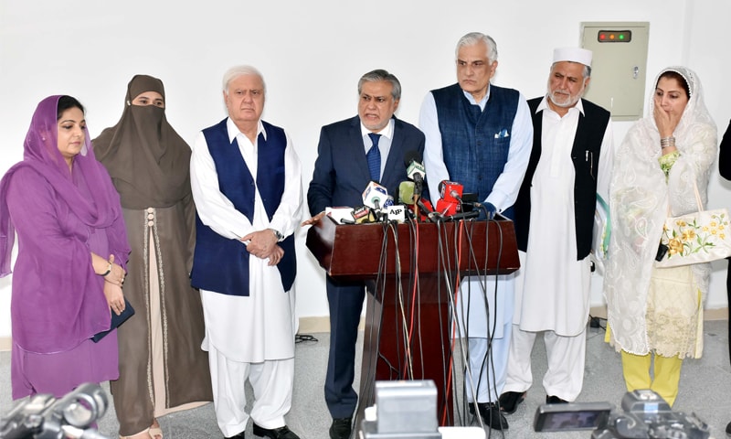 Islamabad: Federal Minister for Finance Senator Ishaq Dar talking to the media after the meeting of the parliamentary committee on electoral reforms on Wednesday.&mdash;APP