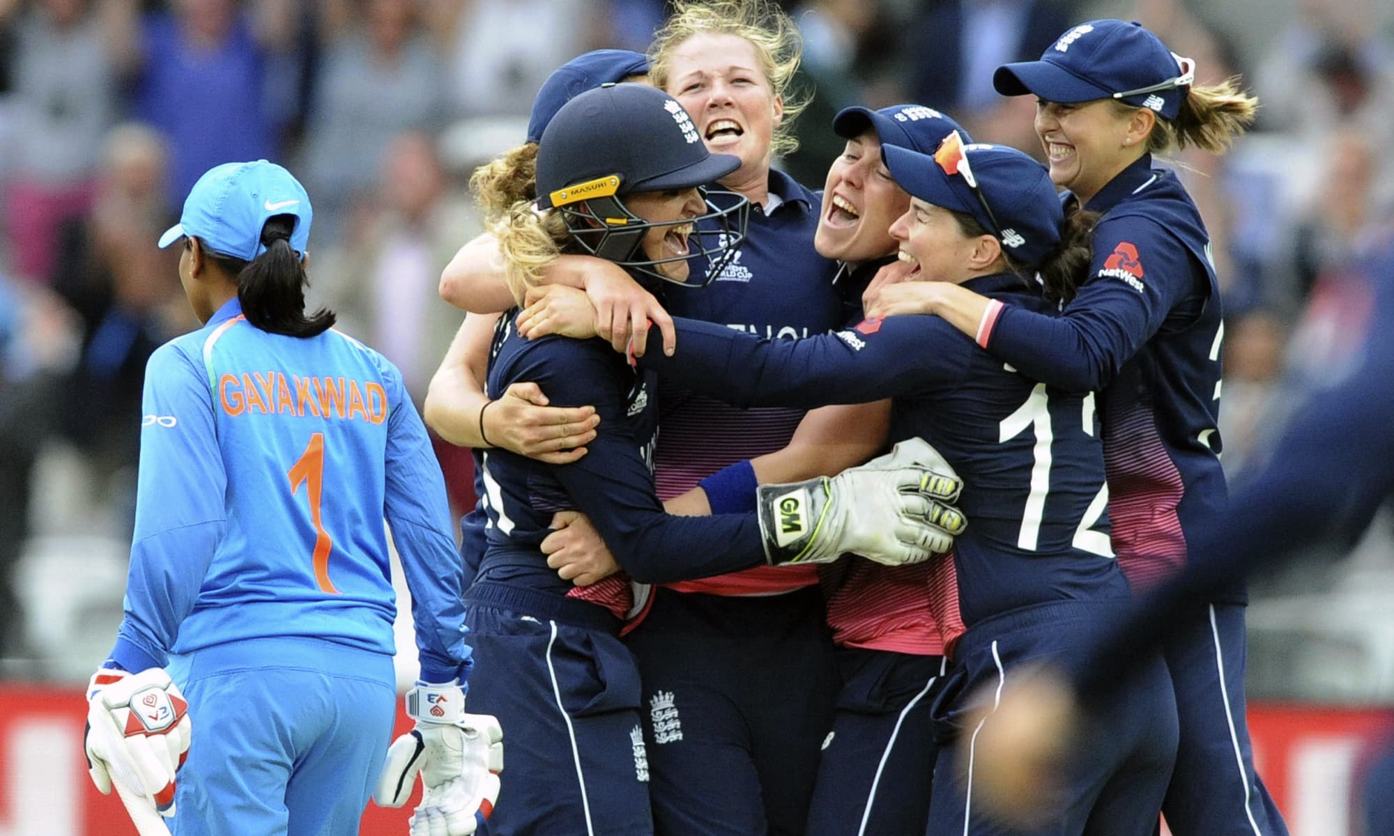 England's players celebrate as they win the ICC Women's World Cup 2017 final match against India. &mdash;AP