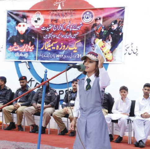 A student delivers speech during the declamation contest at Hangu Police Training College on Monday. &mdash; Dawn