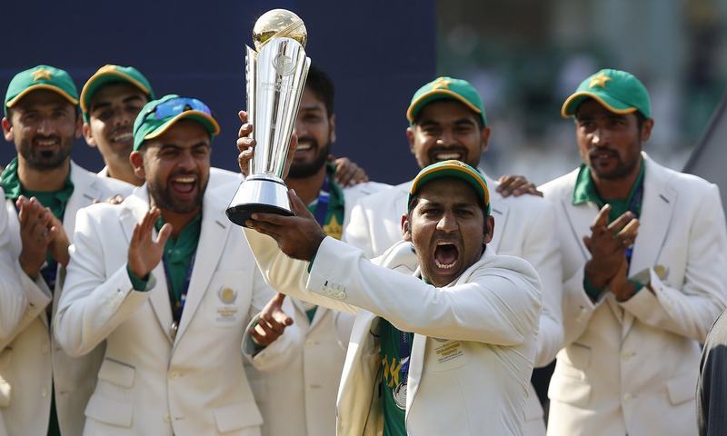 Pakistan cricket team captain Sarfaraz Ahmed celebrates his team's victory in the Champions Trophy final. ─ ICC Twitter
