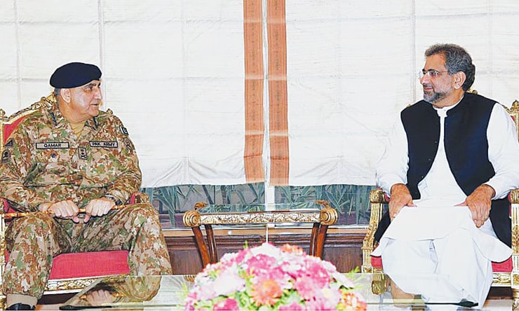 General Qamar Javed Bajwa and Prime Minister Shahid Khaqan Abbasi at a meeting held earlier this month.—File