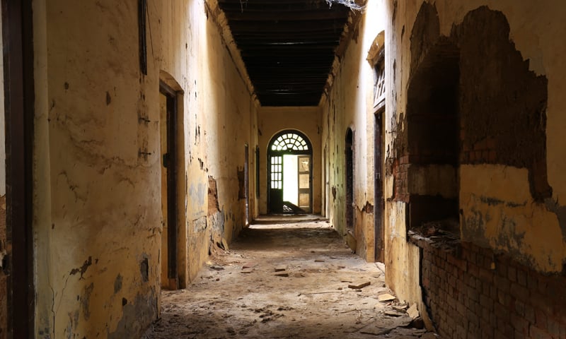 The central corridor with the doors on the left leading to the bedrooms; those on the right lead to the state rooms