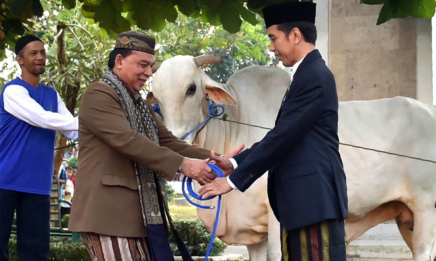 This handout from the Indonesian Presidential Palace shows Indonesia's President Joko Widodo (R) handing over cattle to be sacrificed after an Eidul Azha prayer in Sukabumi, West Java province.—AFP