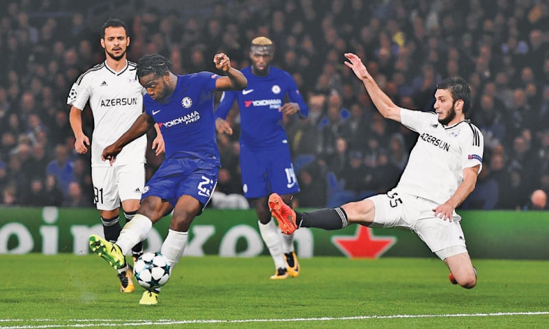 LONDON: Chelsea’s Michy Batshuayi shoots to score during the Group ‘C’ game against Qarabag FK 
at Stamford Bridge.—Reuters