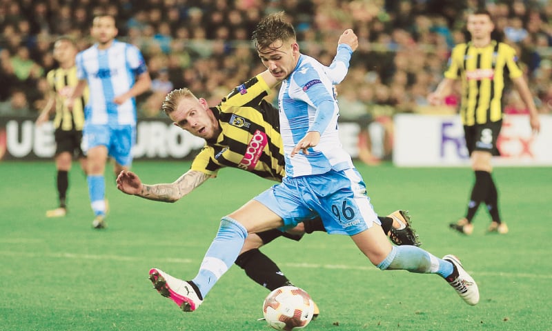 ARNHEM: Lazio’s Alessandro Murgia shoots to score the winner against Vitesse at the Gelredome Arena.—AP
