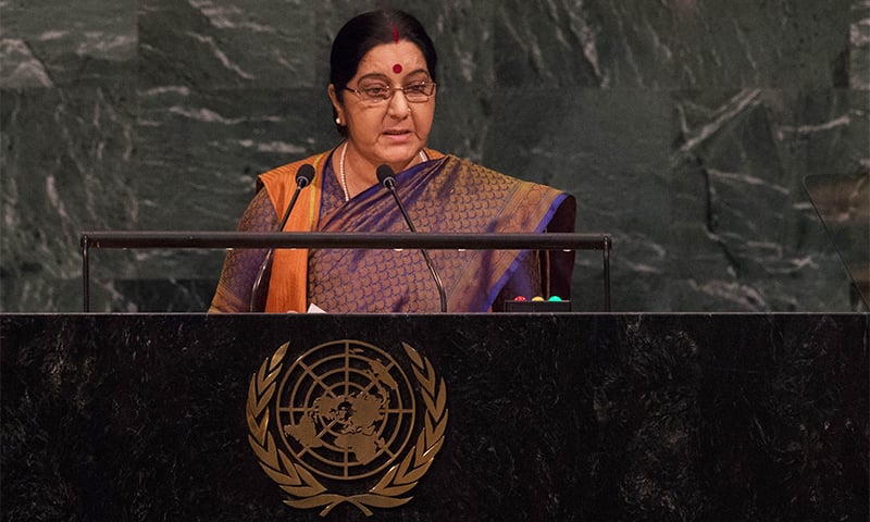 India Minister of External Affairs Sushma Swaraj addresses the 72nd Session of the United Nations General assembly at the UN headquarters in New York. ─ AFP