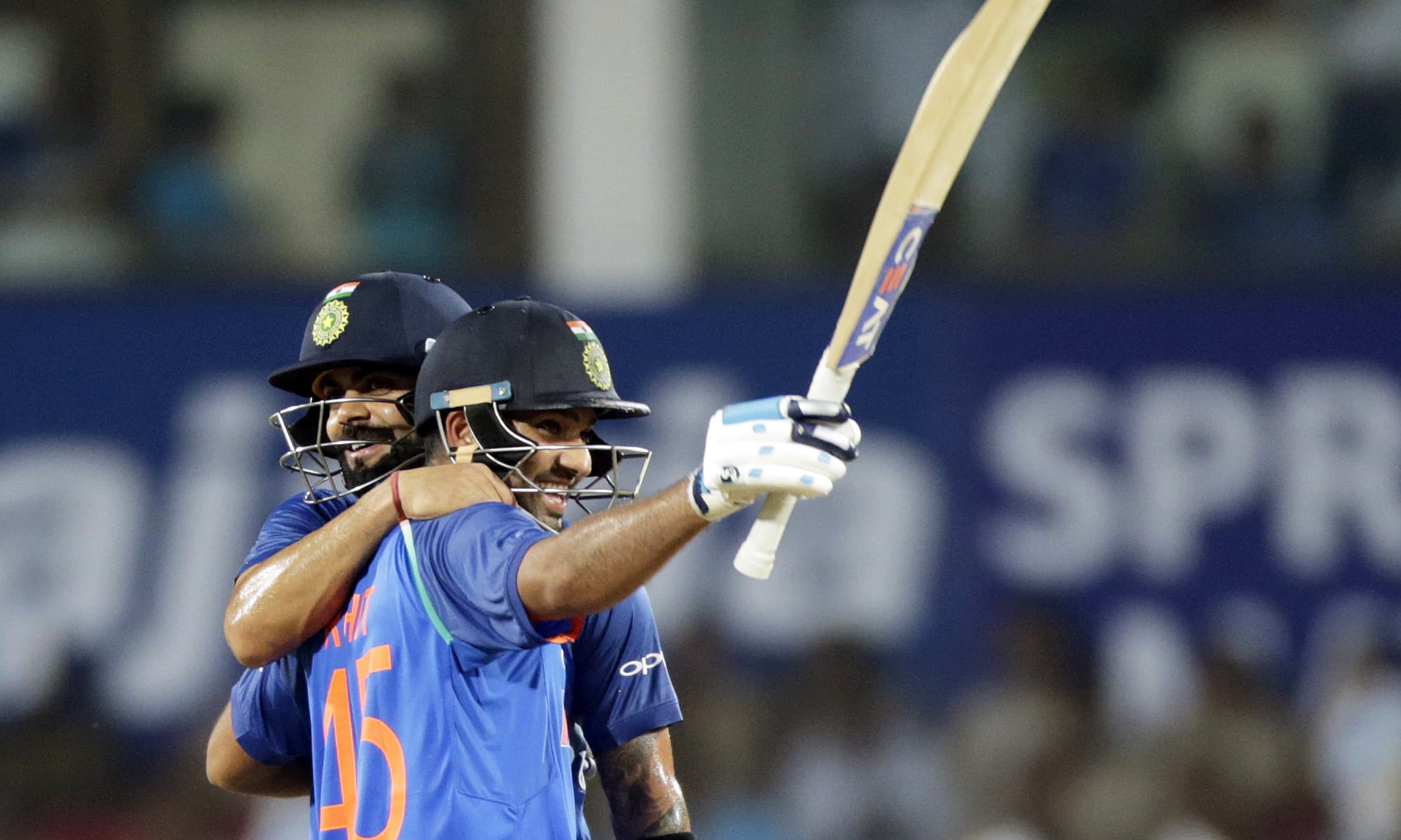 Indian batsman Rohit Sharma celebrates his hundred with Virat Kohli during the fifth one-day international cricket match between India and Australia in Nagpur, India, Sunday, Oct. 1, 2017. —AP Indian batsman Rohit Sharma celebrates his hundred with Virat Kohli during the fifth one-day international cricket match between India and Australia in Nagpur, India, Sunday, Oct. 1, 2017. —AP
