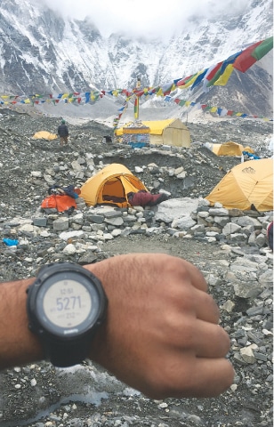 Checking the altitude at the Everest base camp where the mountaineering season was wrapping up