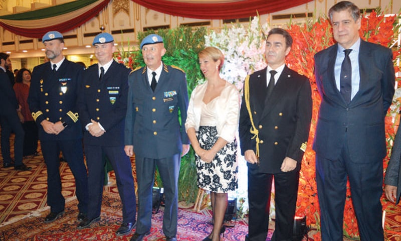 The Italian ambassador and defence attach&eacute; pose with the Swedish UNMOGIP delegation at the National Unity and Armed Forces Day of Italy in Marriott Hotel in Islamabad.