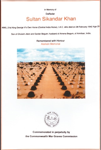 Commemoration certificate for Sultan Sikandar Khan, in whose name a stone column is erected in the Alamein Memorial in Egypt