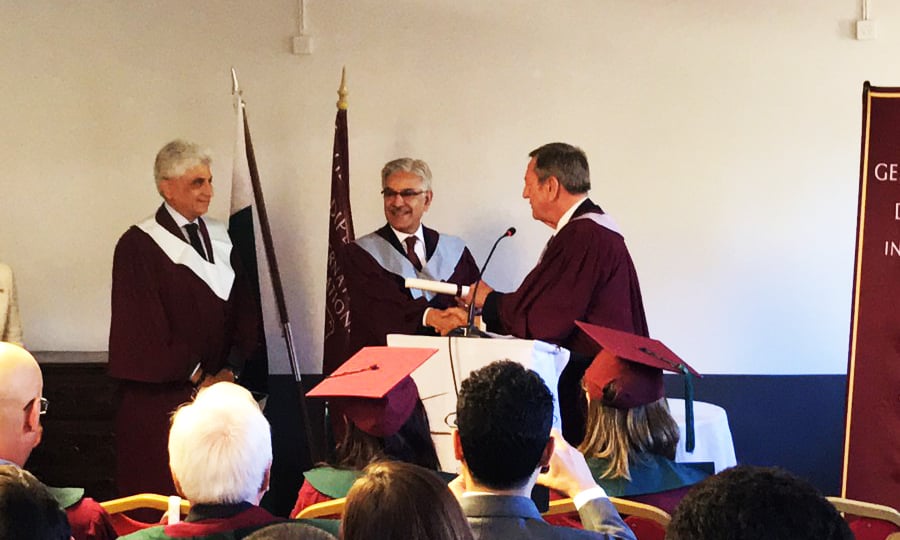 Khawaja Asif receives the Doctor of International Relations (DIR) degree at Geneva School of Diplomacy and International Relations (GSD). —Photo courtesy GSD