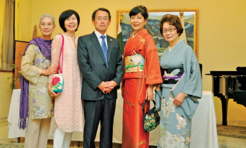 Japanese Ambassador and Takashi Kurai with renowned Japanese Gagaku artists, Tsukumo Togi and Masami Togi, and Sumiko Yanai, wife of a former Japanese envoy, at the dinner reception.